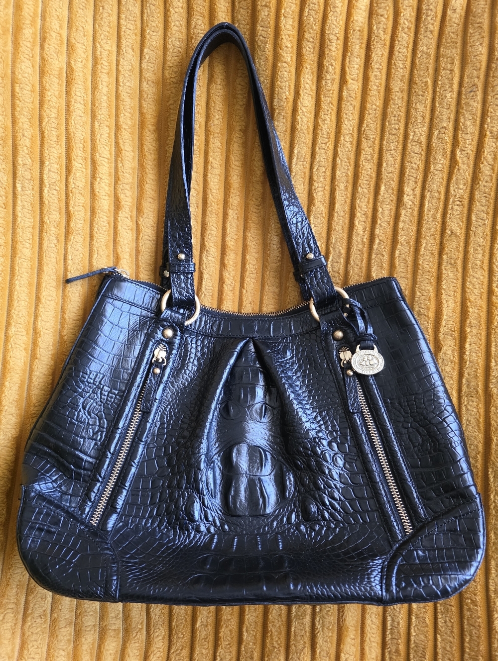 Brahmin Selma Melbin Black Croc-Embossed Tote Bag with Gold Hardware